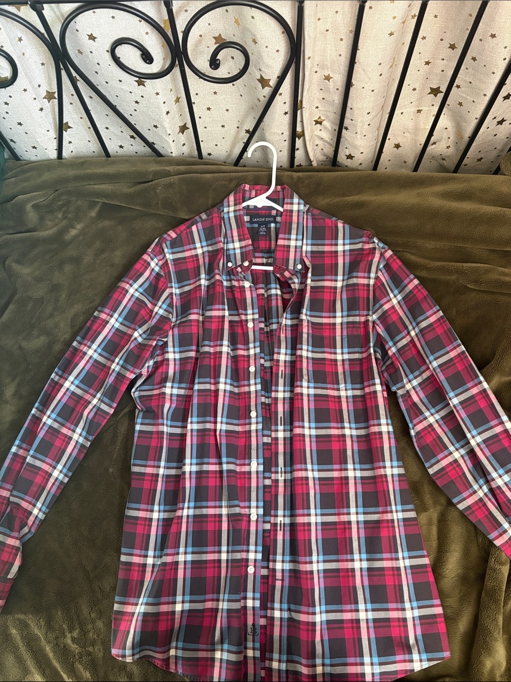 Lands' End Men's Red Plaid Button-Down Shirt with Blue and White Accents
